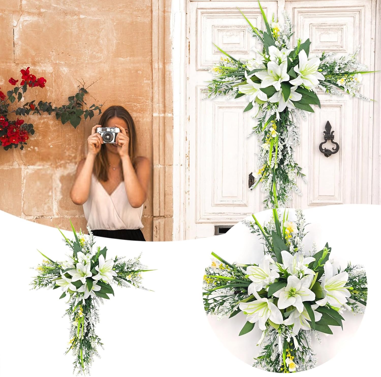20 Inch Cross Shaped Artificial Lily Easter Wreath