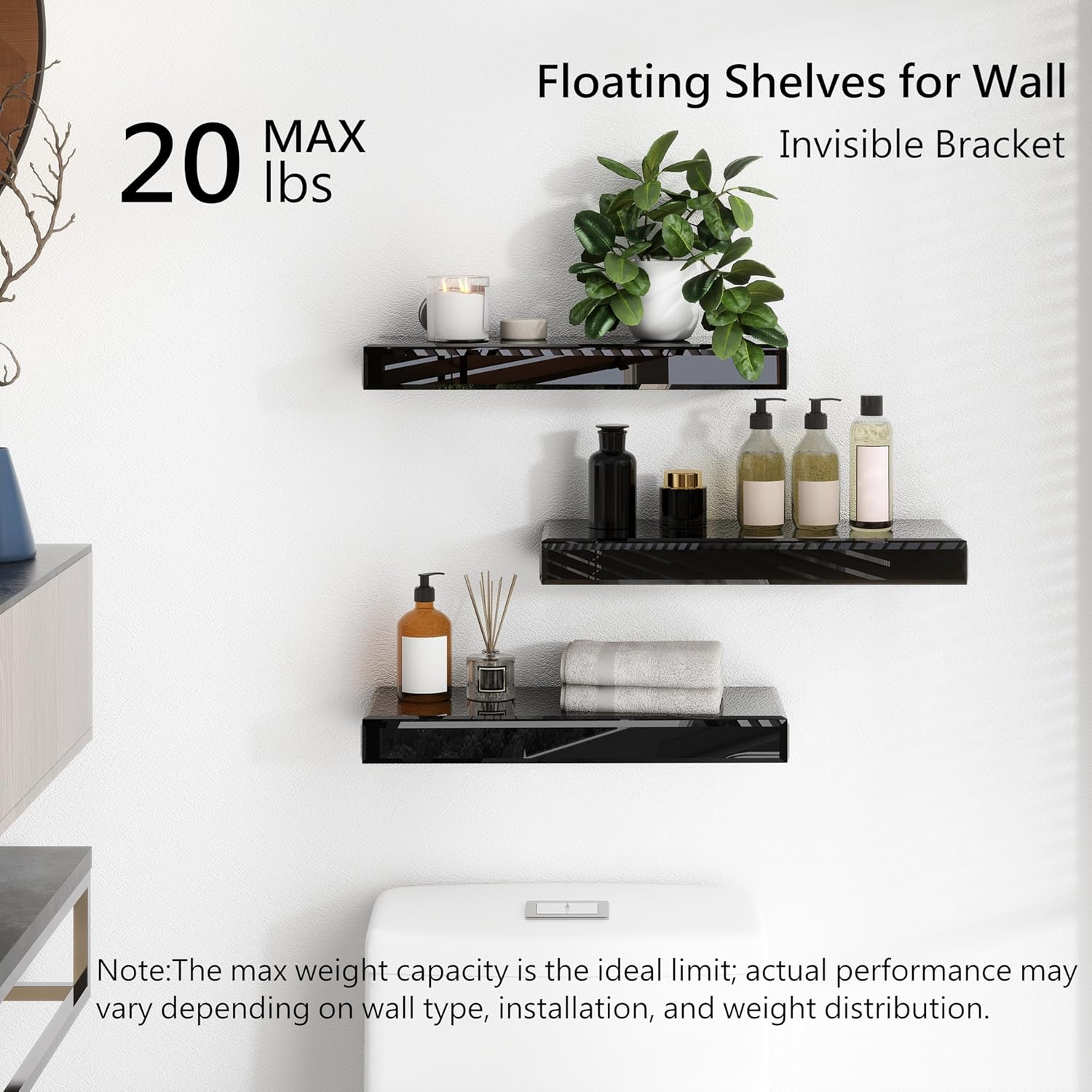 SHYFOY Black Glass Floating Shelves Set of 3