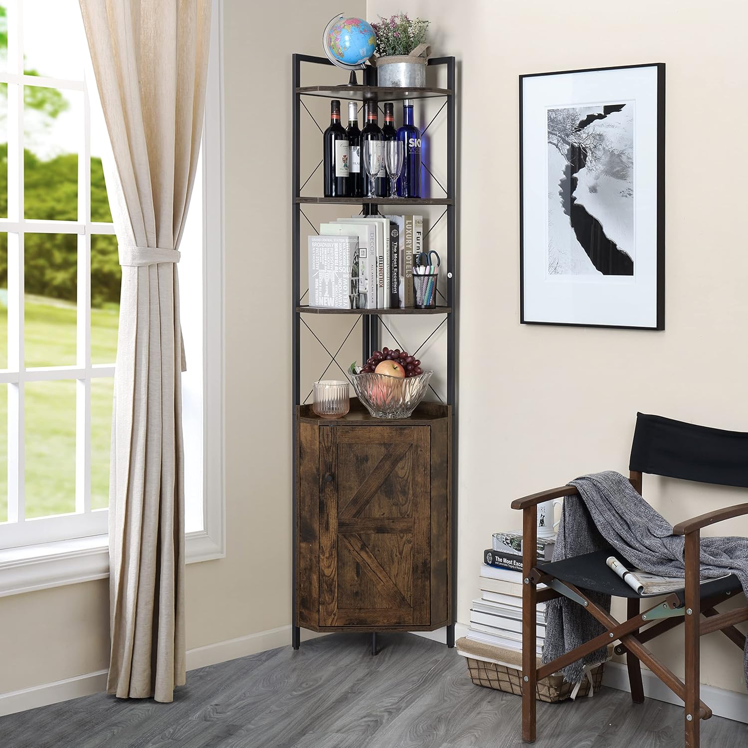 Finnhomy Corner Shelf with Cabinet 71 Inches Rustic Brown