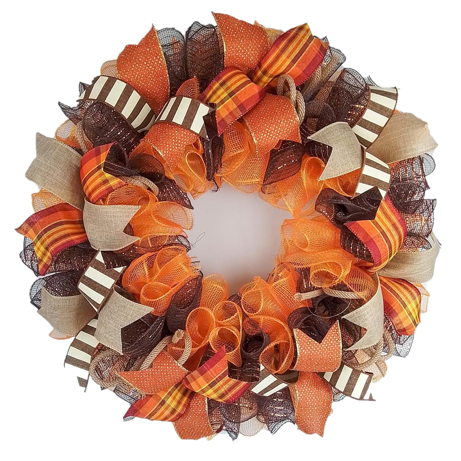 Fall Wreath for Front Door with Brown Orange Mesh