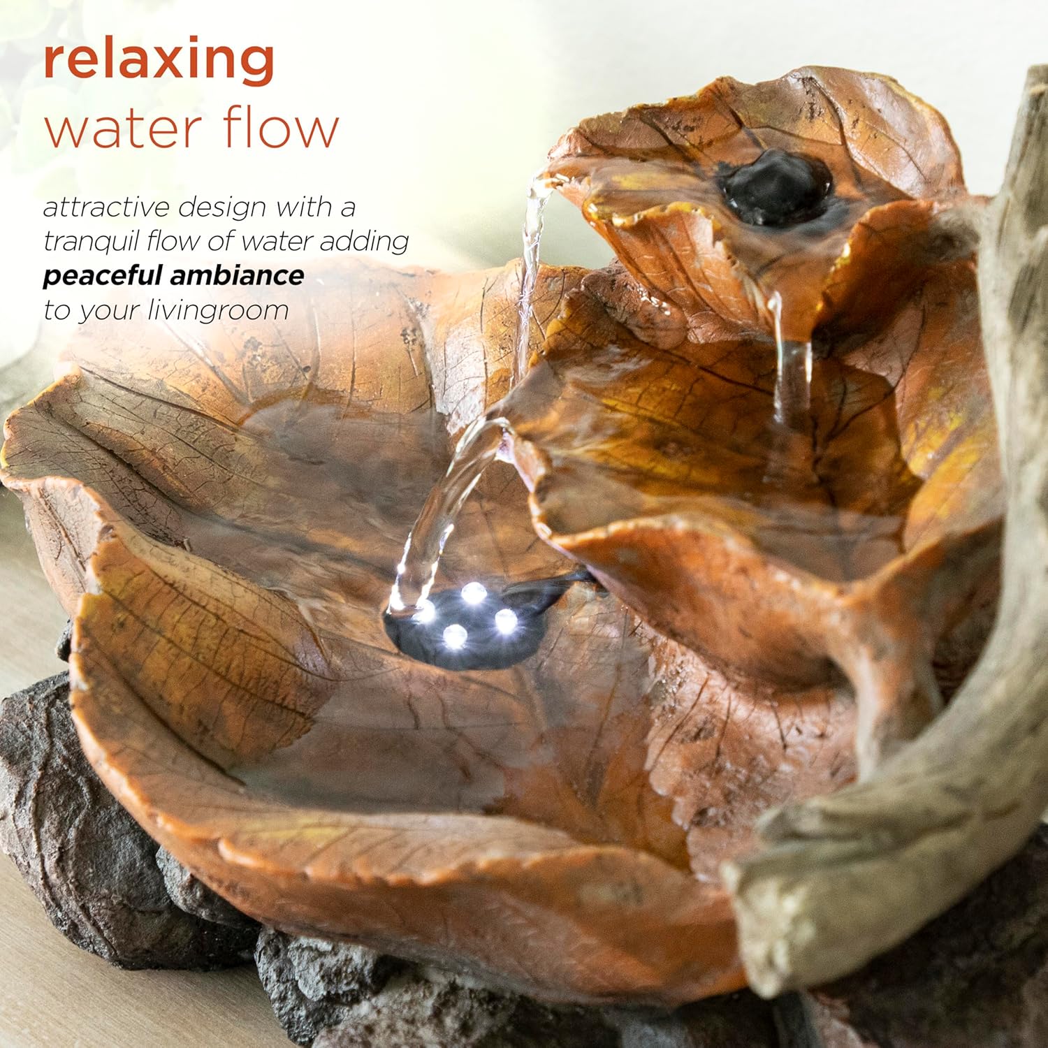 9 Tall Indoor Tabletop Tiered Leaf Fountain with LED Lights