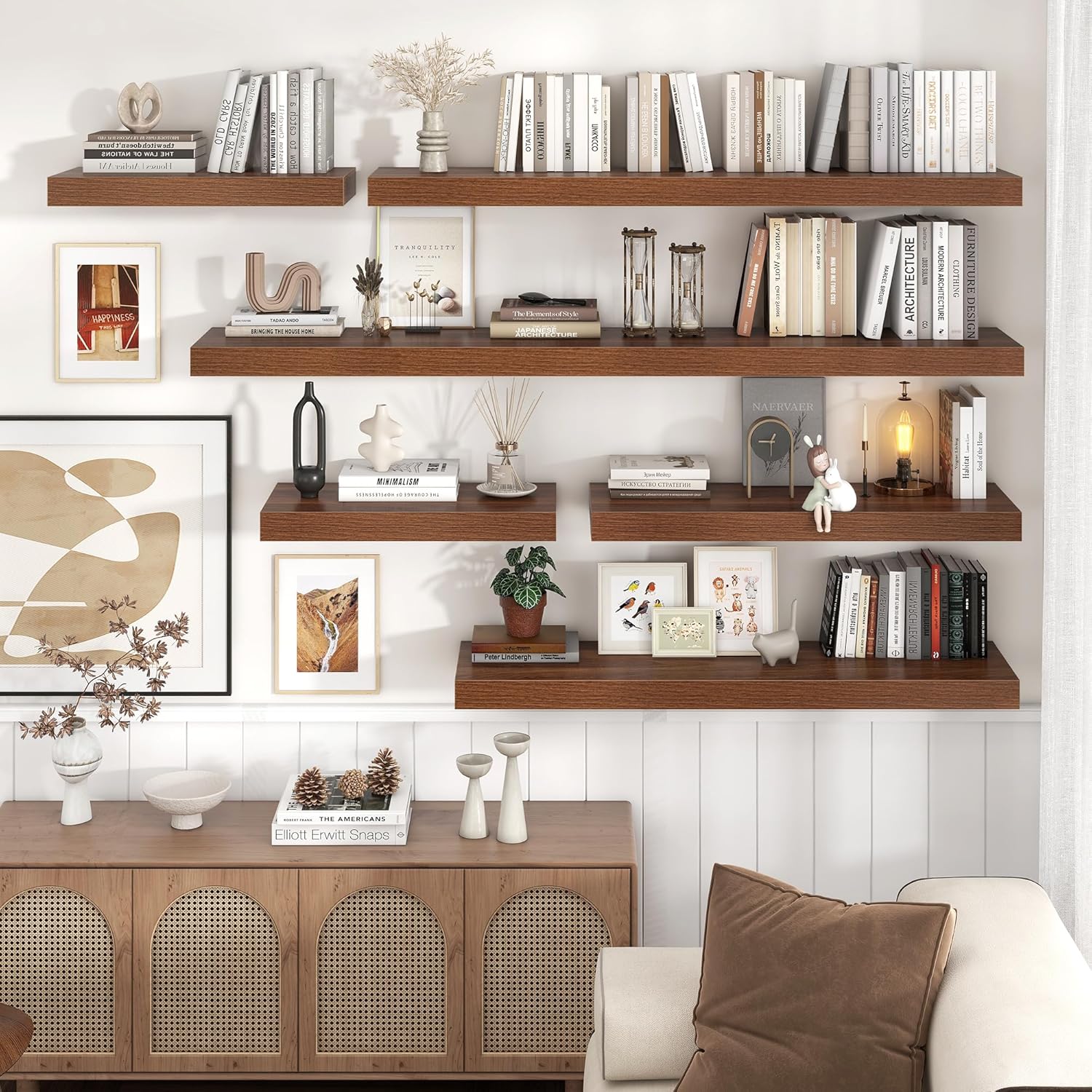 Venusmiles 72 Inch Walnut Floating Wall Shelf