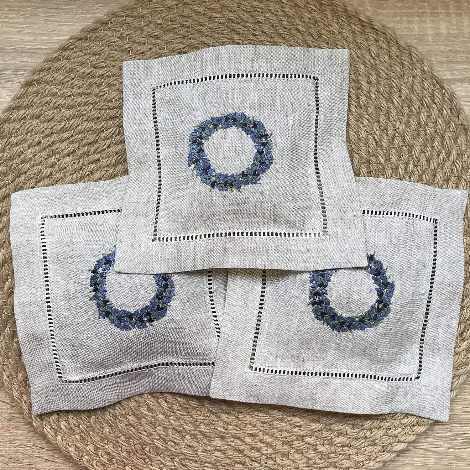 Hand Embroidered Lavender Pillow Sachet Bag Set of 3 Natural Linen