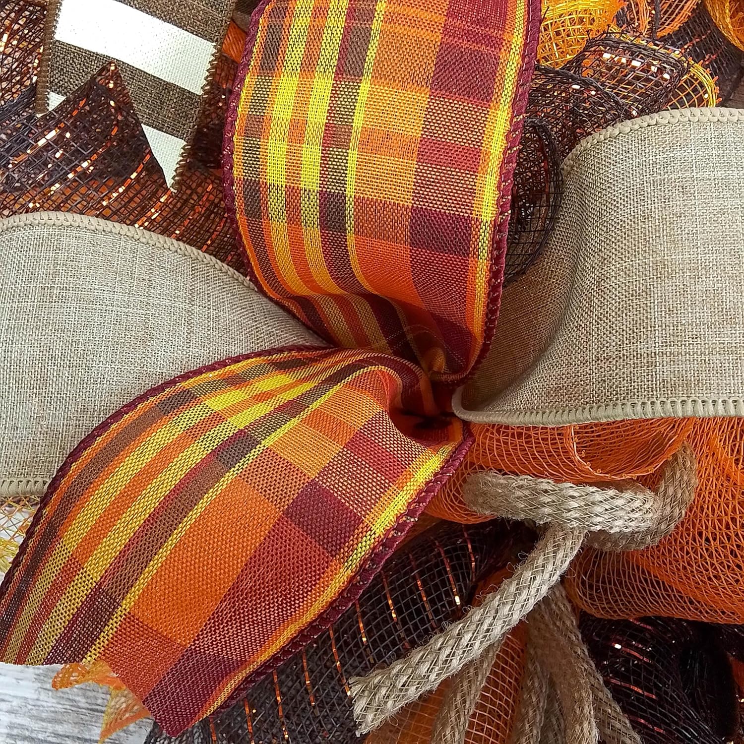 Fall Wreath for Front Door with Brown Orange Mesh