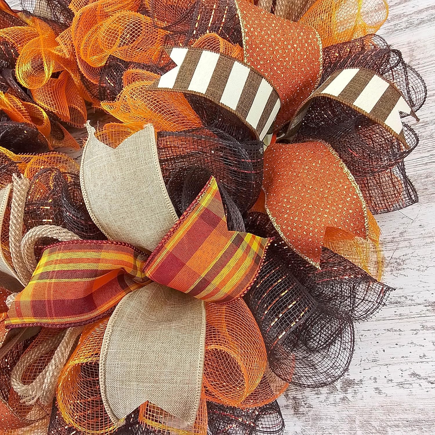 Fall Wreath for Front Door with Brown Orange Mesh