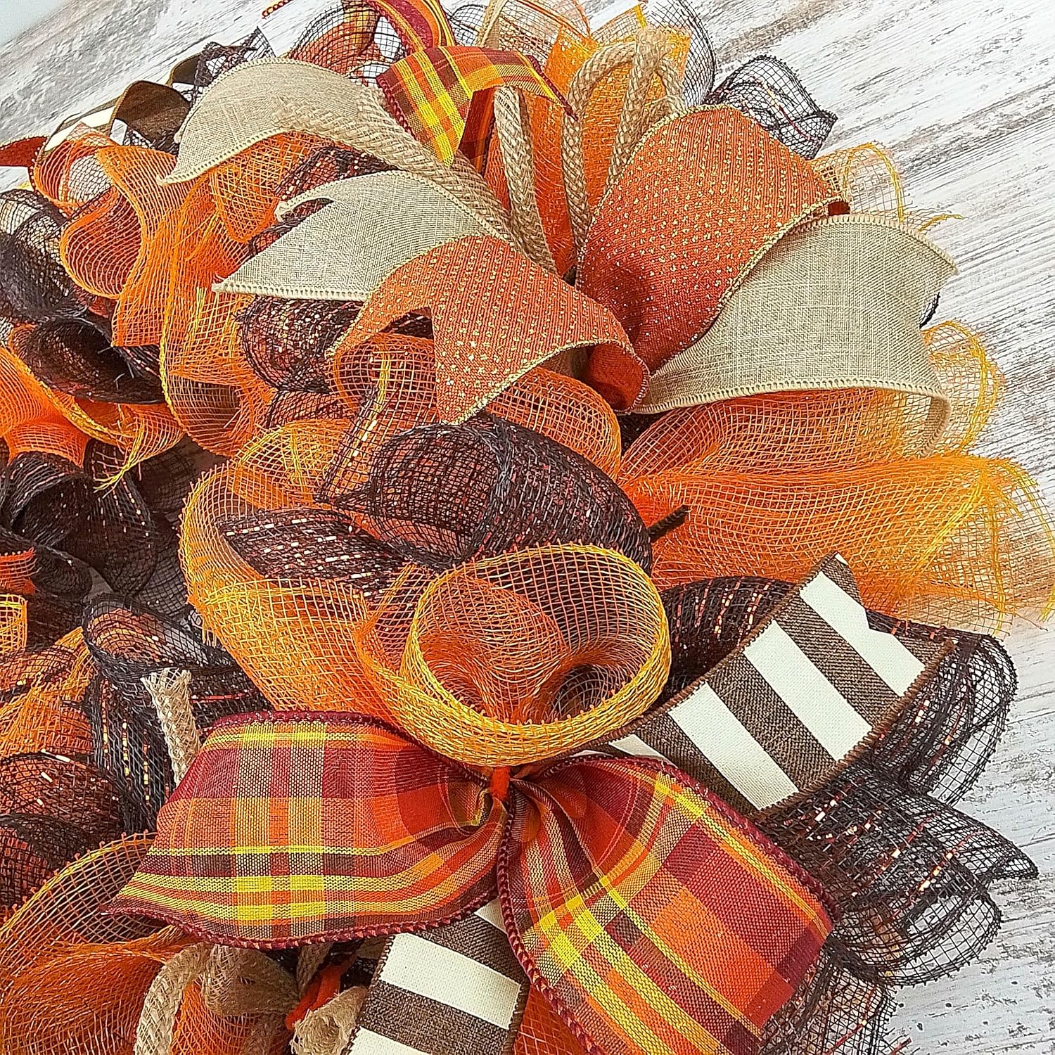 Fall Wreath for Front Door with Brown Orange Mesh