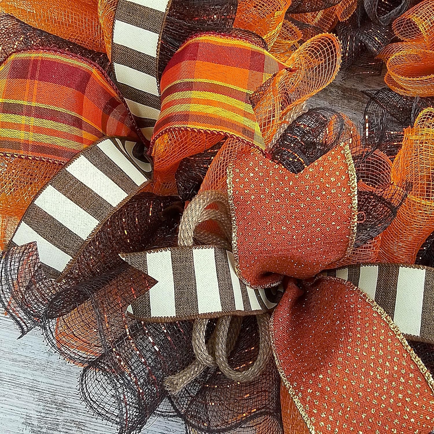 Fall Wreath for Front Door with Brown Orange Mesh