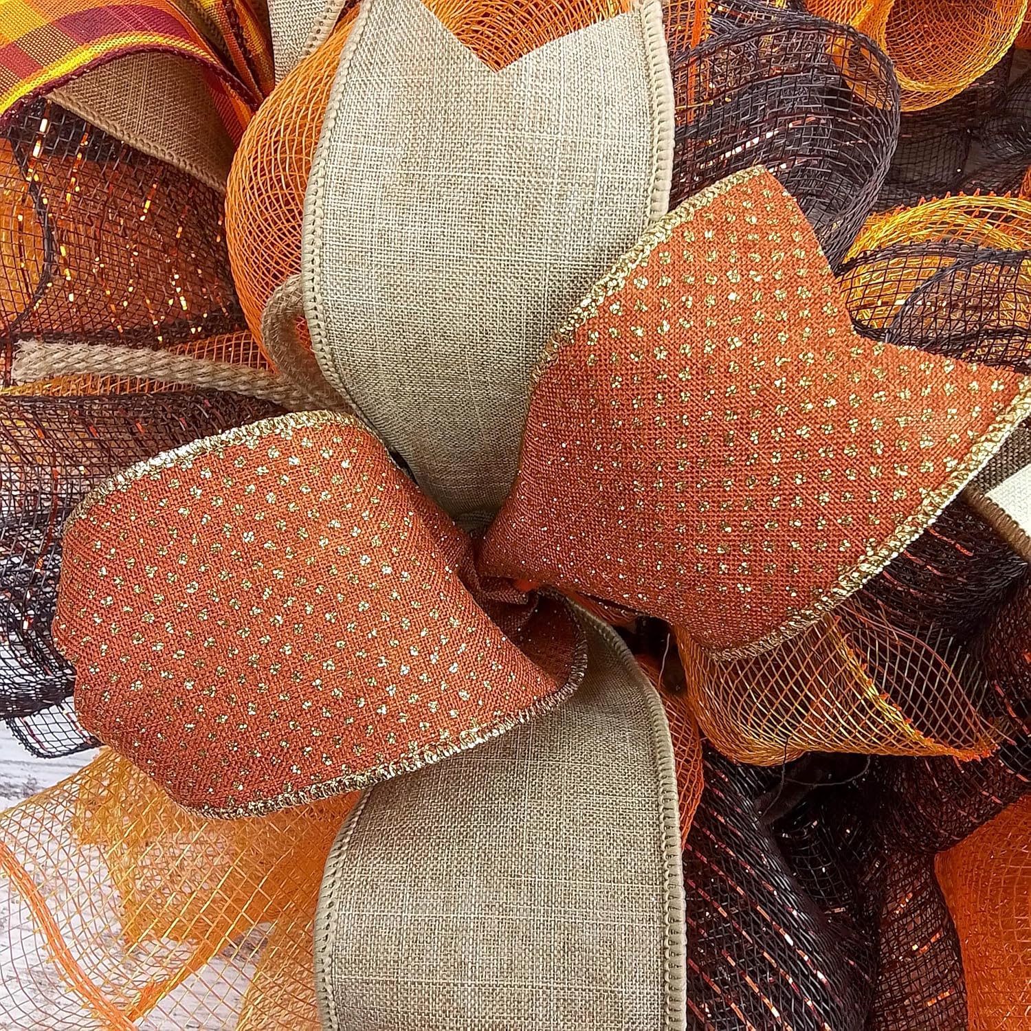 Fall Wreath for Front Door with Brown Orange Mesh