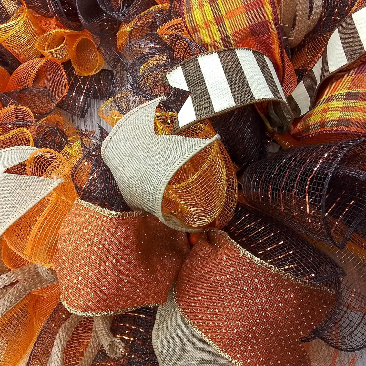 Fall Wreath for Front Door with Brown Orange Mesh