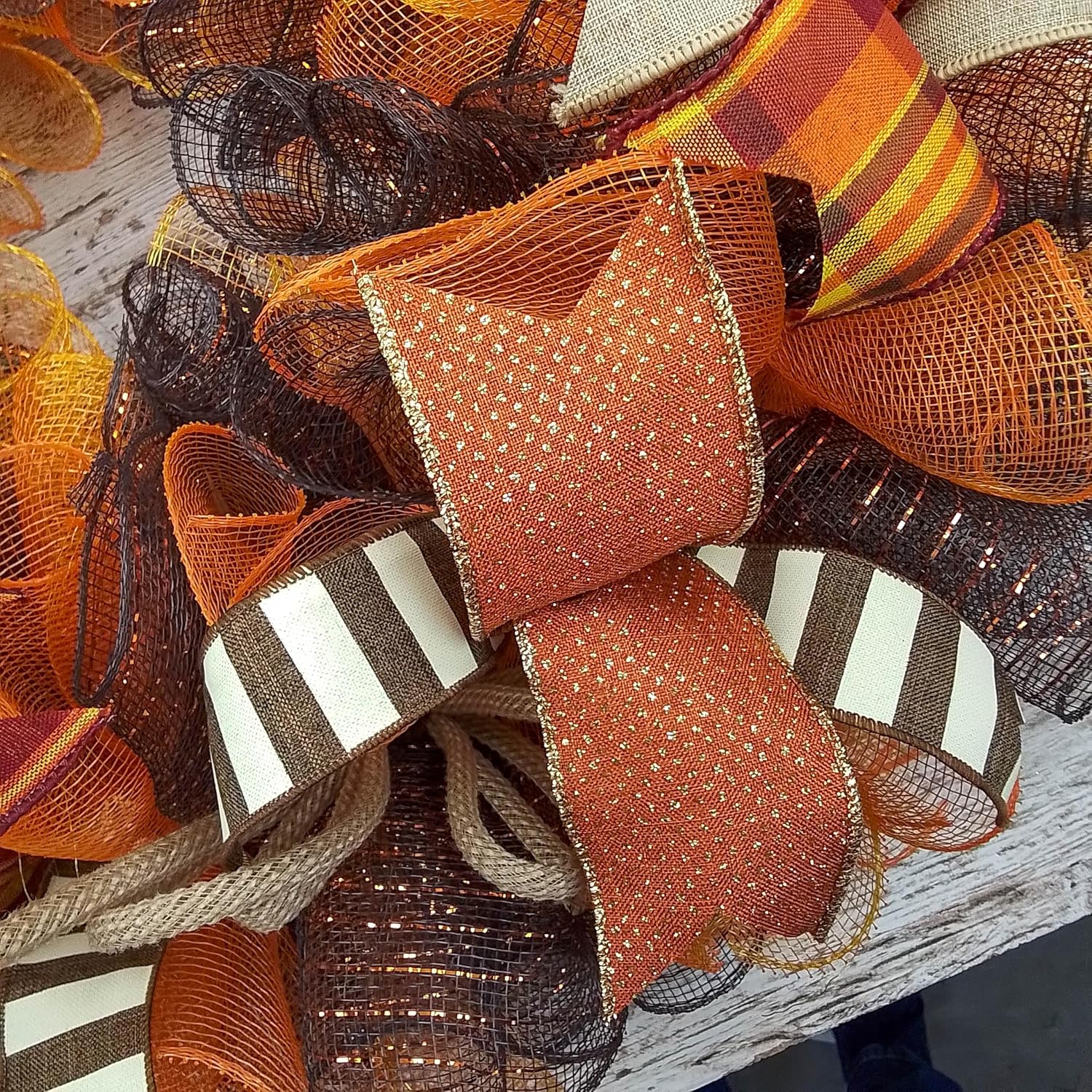 Fall Wreath for Front Door with Brown Orange Mesh